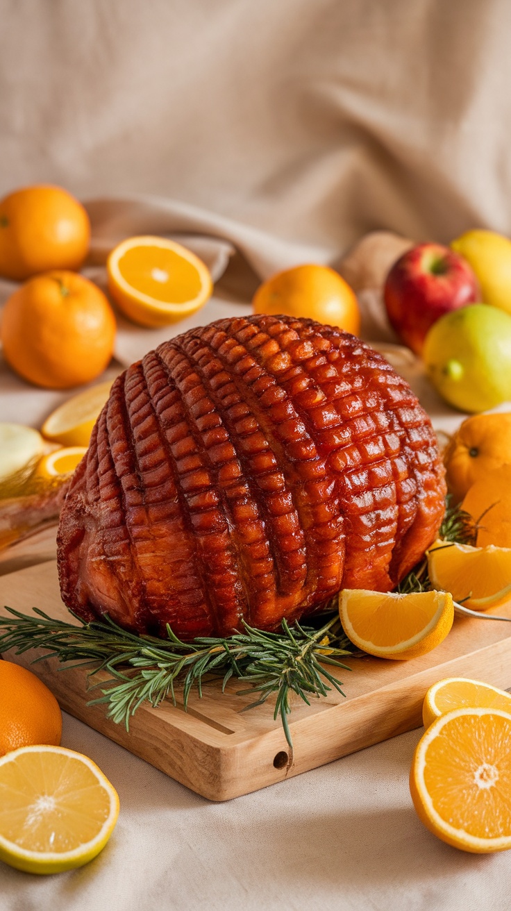 A beautifully glazed ham surrounded by fresh fruits, ideal for an Easter celebration.