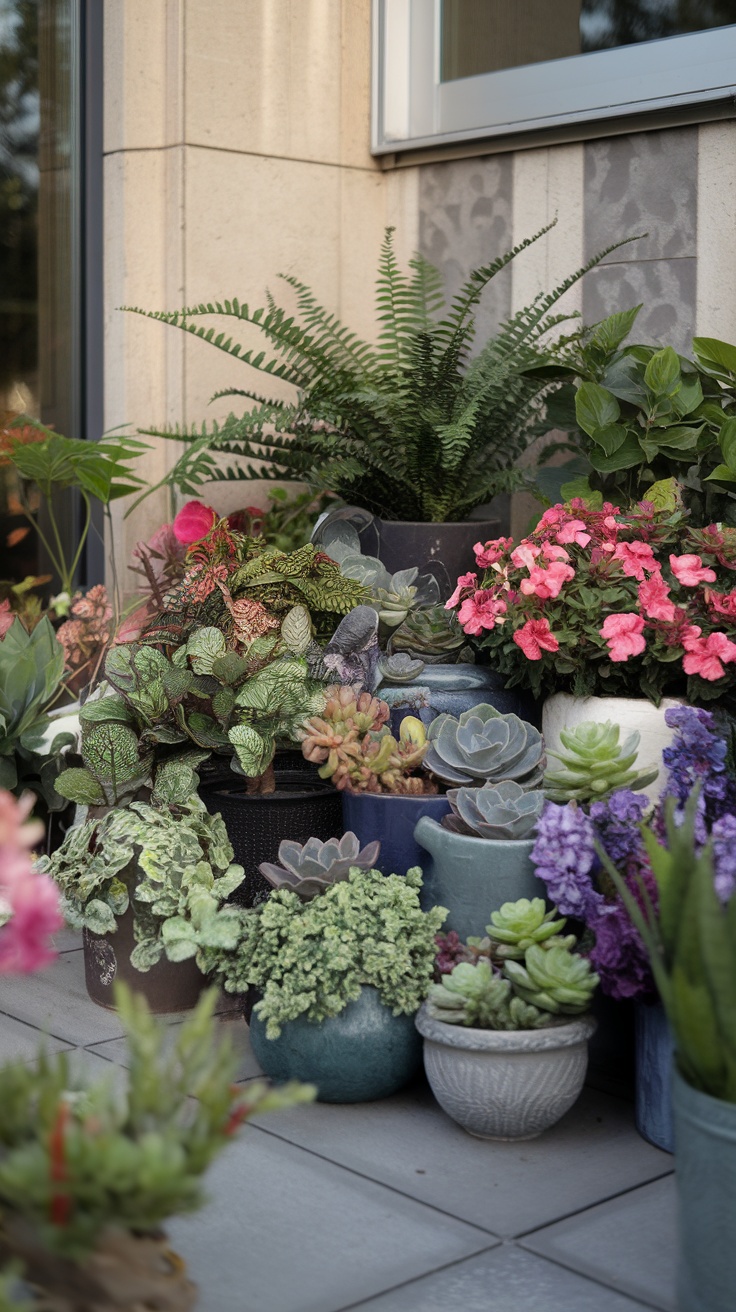 A collection of colorful plants in decorative pots arranged in a small garden setting.