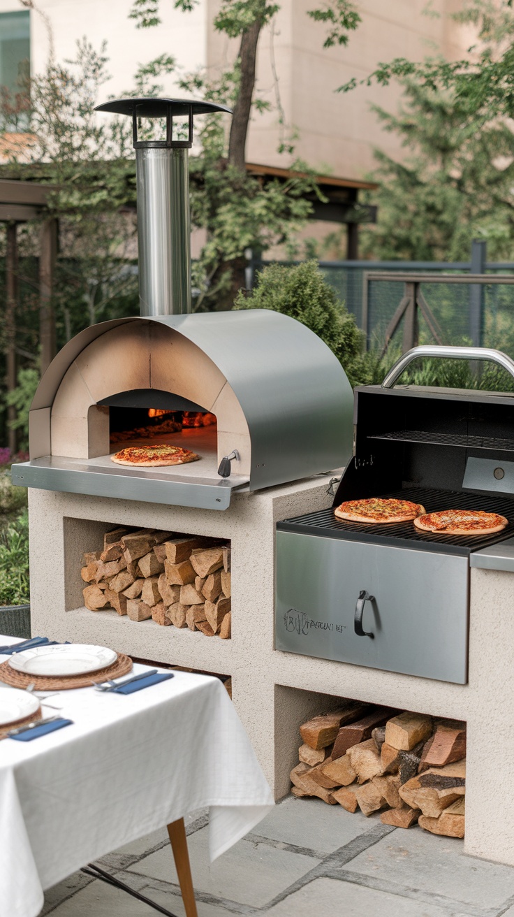 Outdoor pizza oven with pizzas cooking