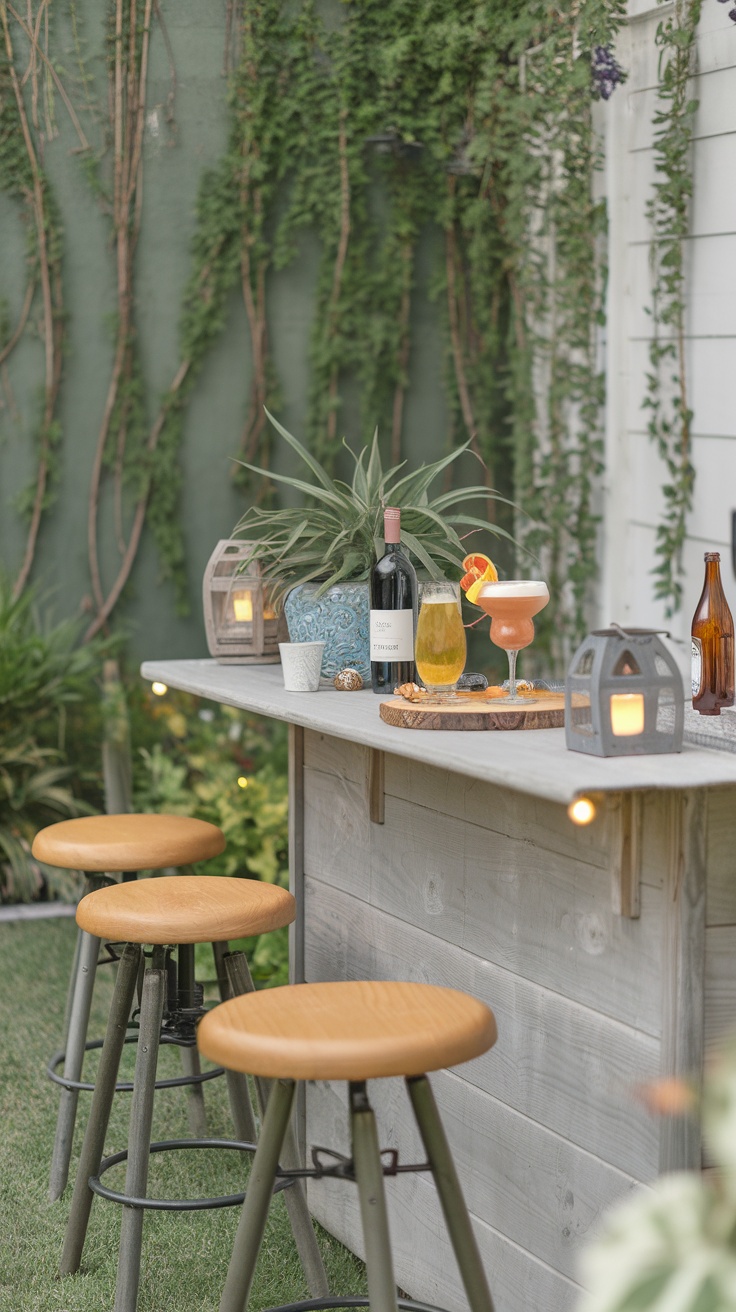 Outdoor bar setup with drinks and stools in a backyard setting.