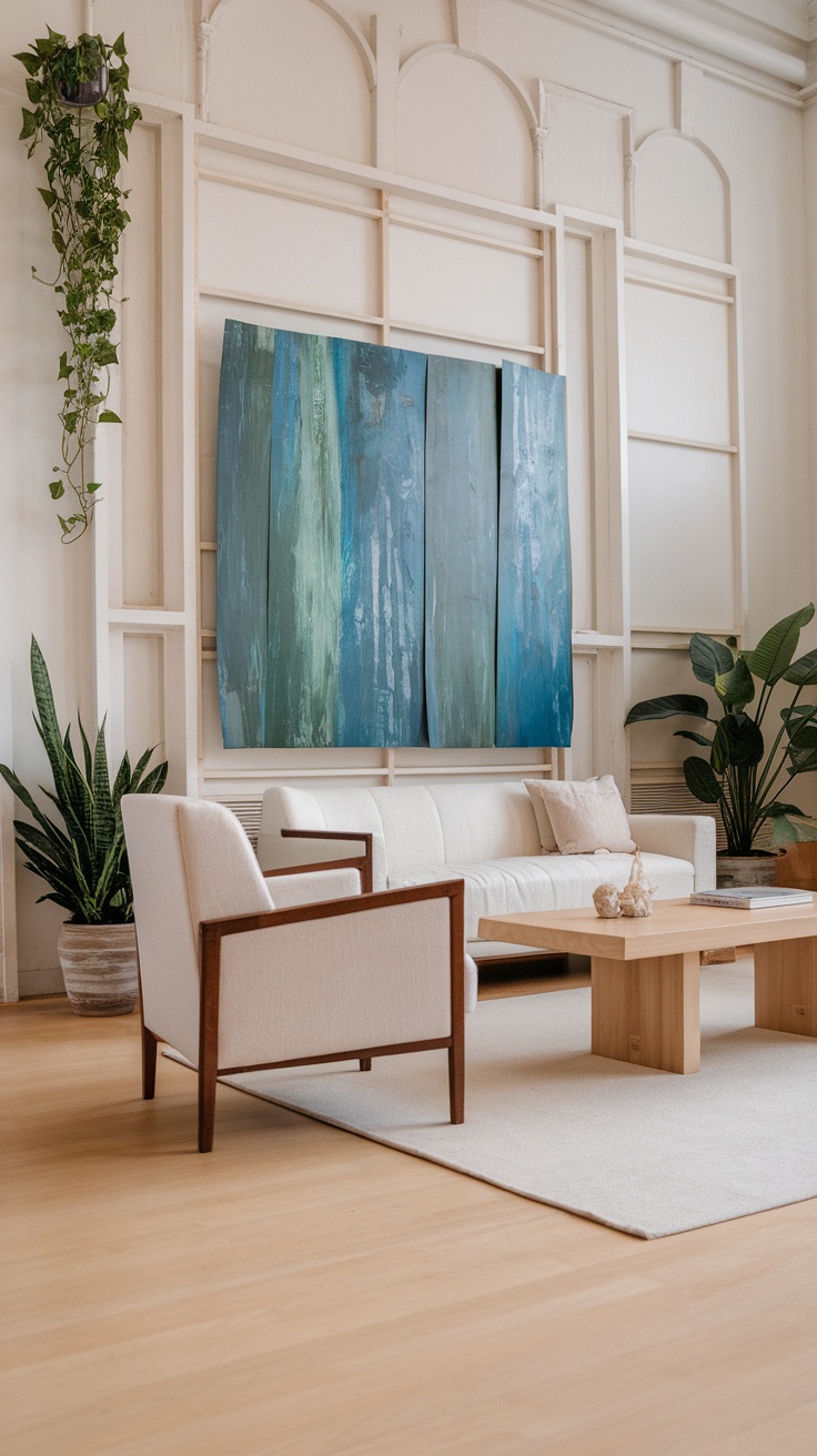 A blue and green abstract painting above a light-colored sofa in a modern living room.