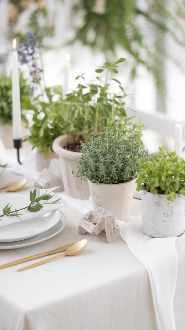 A spring tablescape featuring potted herbs, soft linen tablecloth, and elegant tableware.