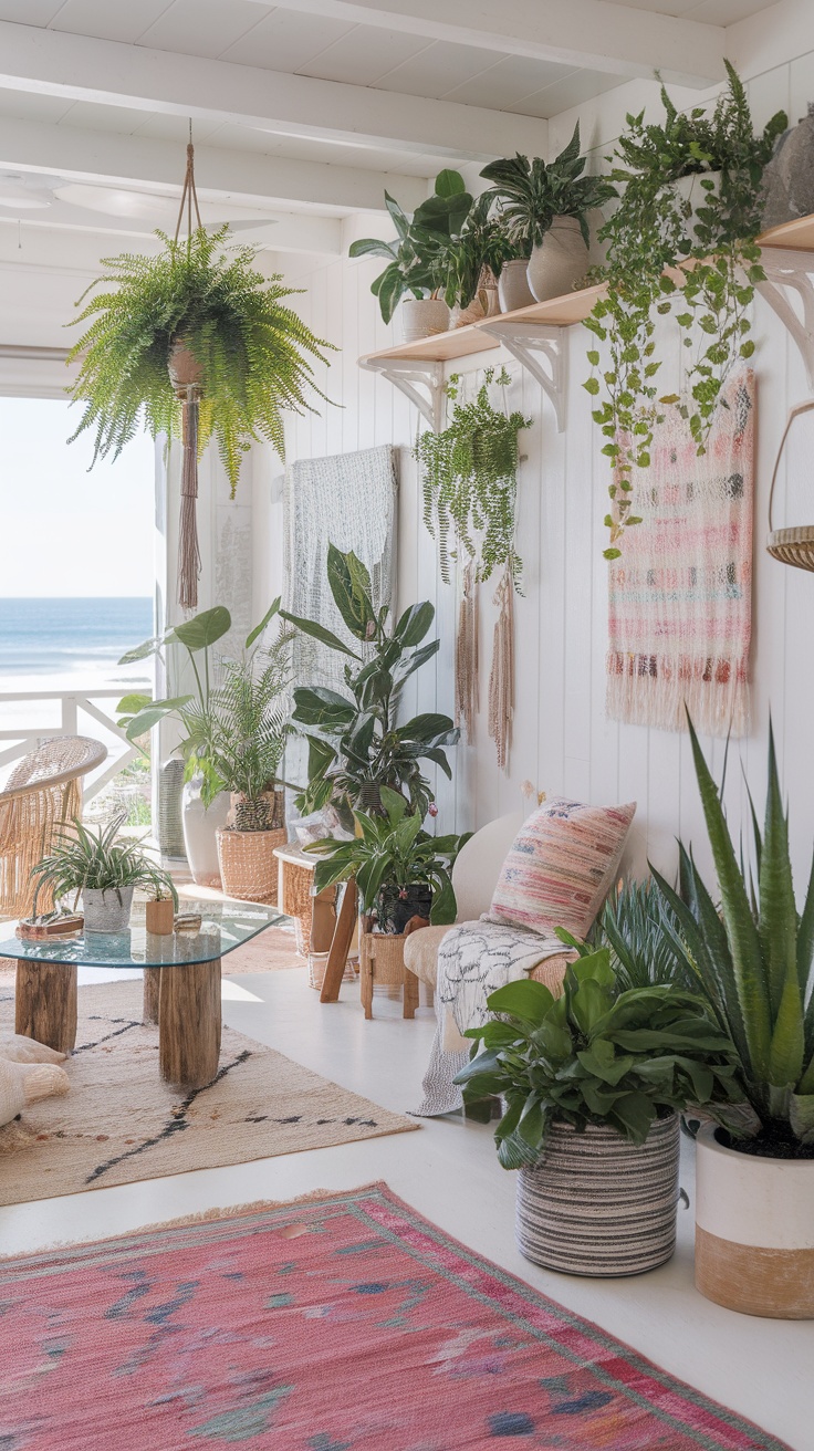 Cozy boho beach house interior with various plants and natural decor