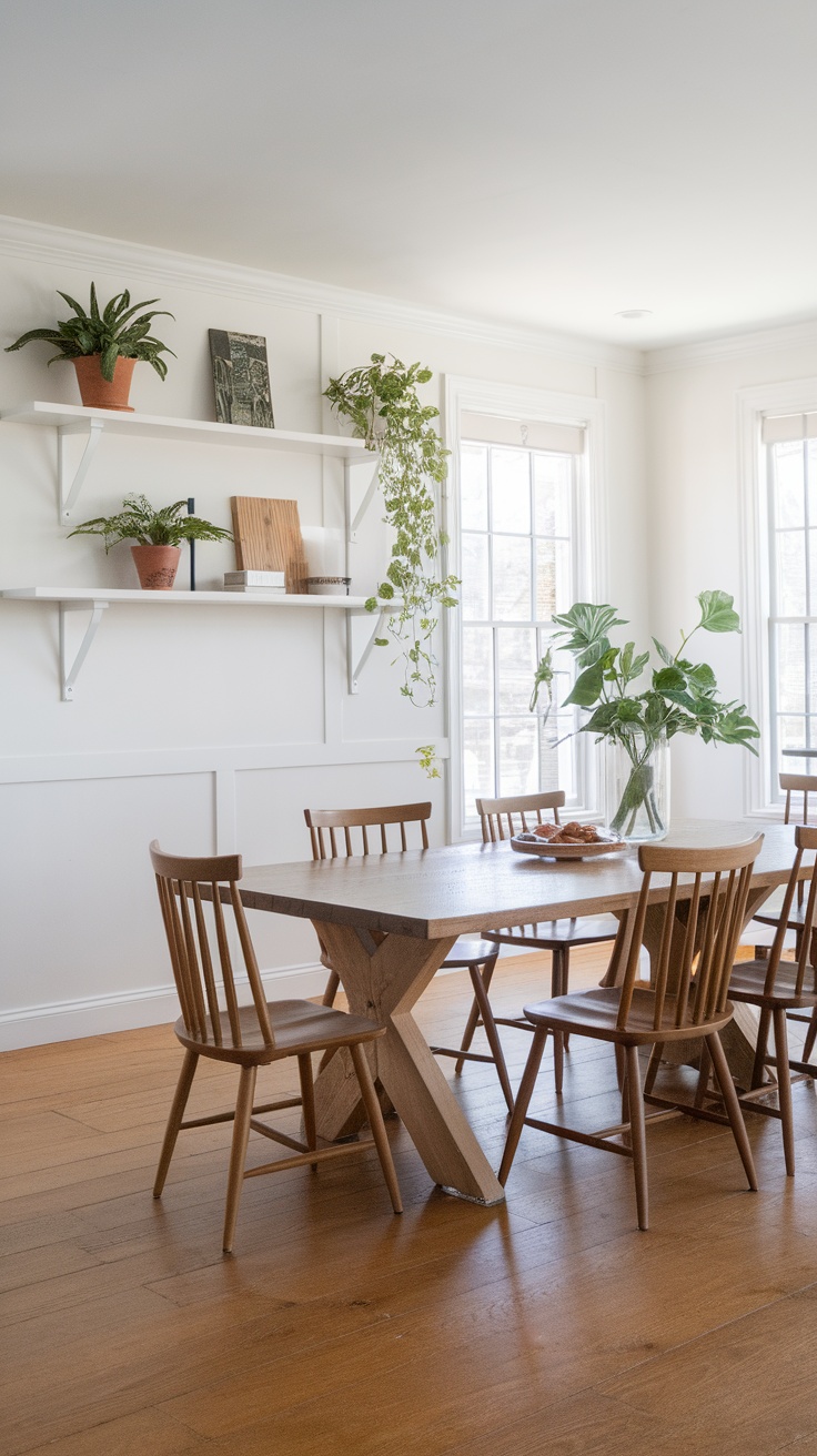 A modern farmhouse dining room featuring a wooden table and green plants on shelves.
