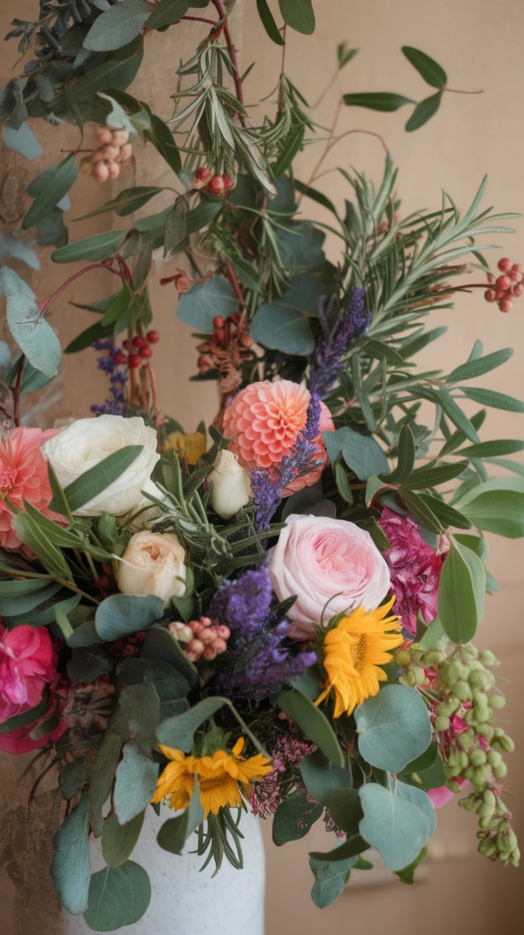 A vibrant floral arrangement featuring various flowers and greenery.