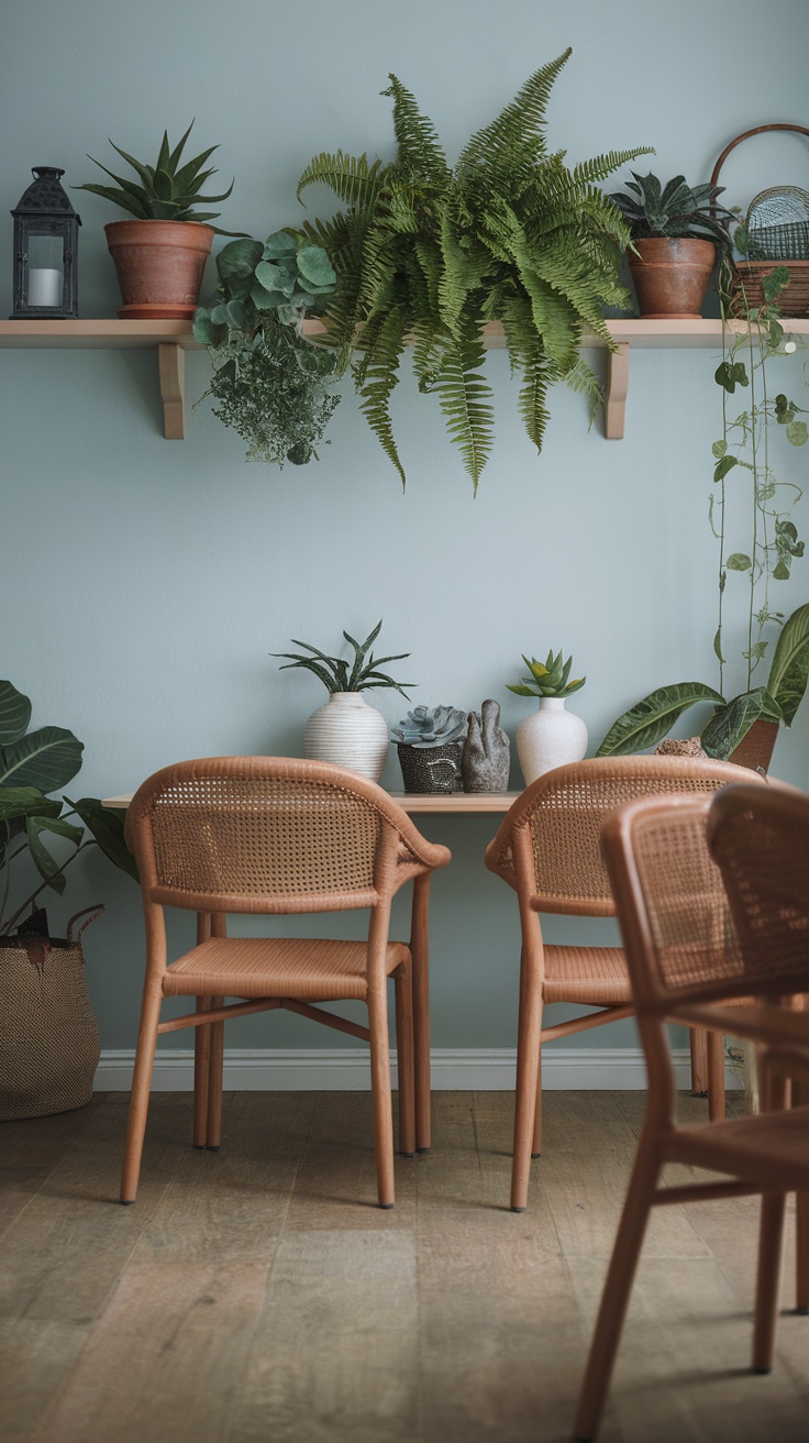 Coastal dining room with indoor plants and a light blue wall.
