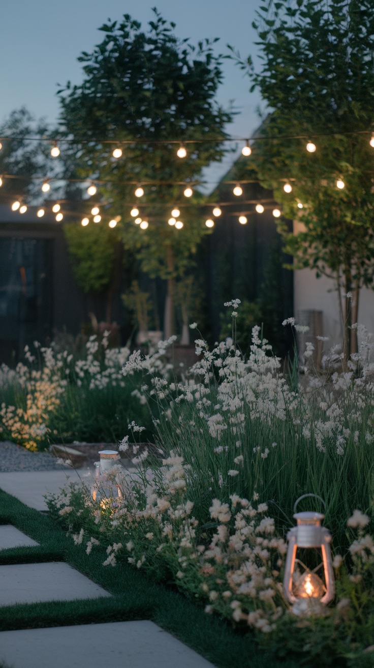 A small garden with string lights and lanterns illuminating the pathway and plants.