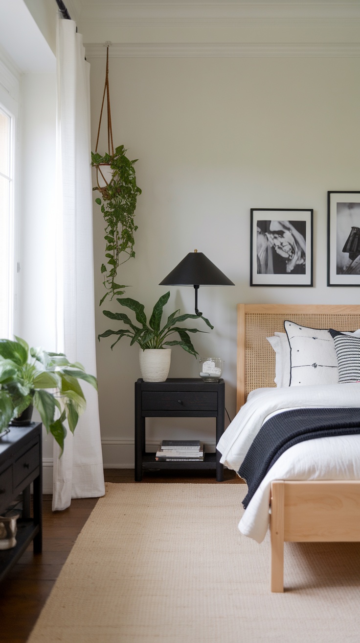 A neutral and black bedroom featuring plants, a wooden bed frame, and modern decor.