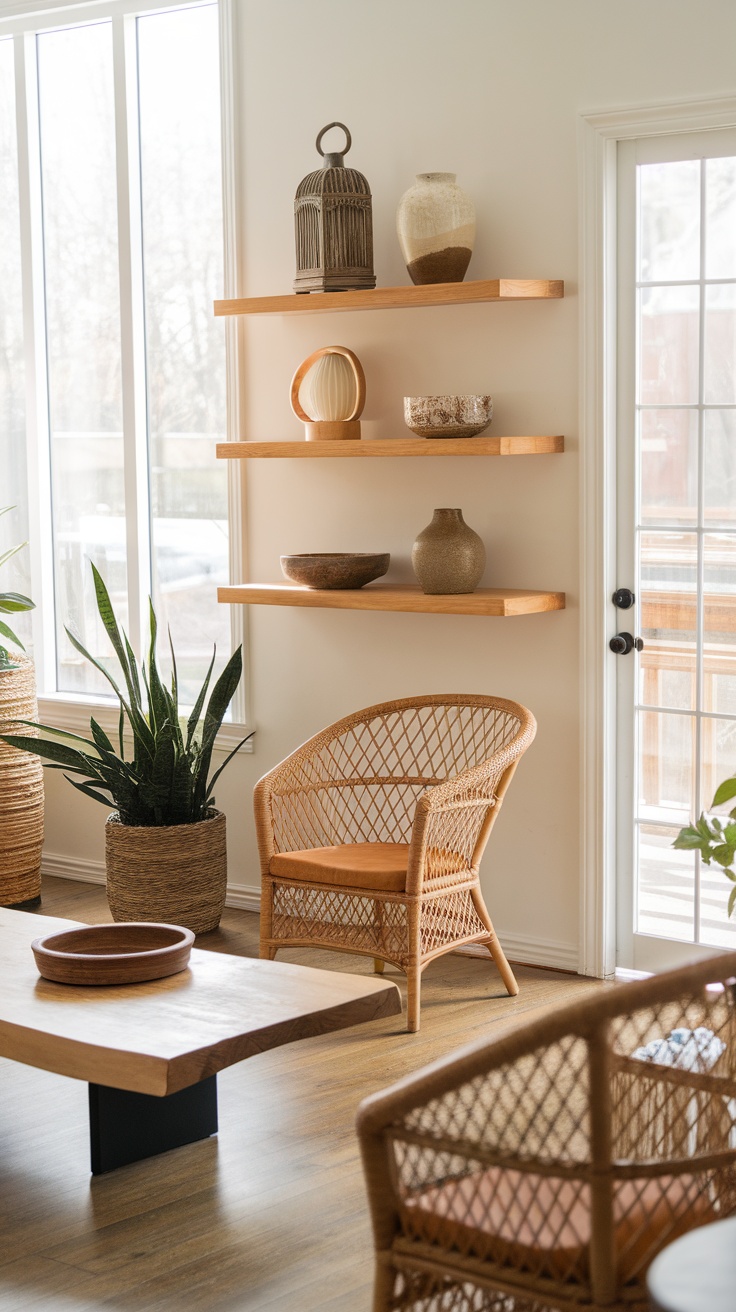 A bright and airy living space featuring natural materials in decor, including wooden shelves, woven baskets, and plants.