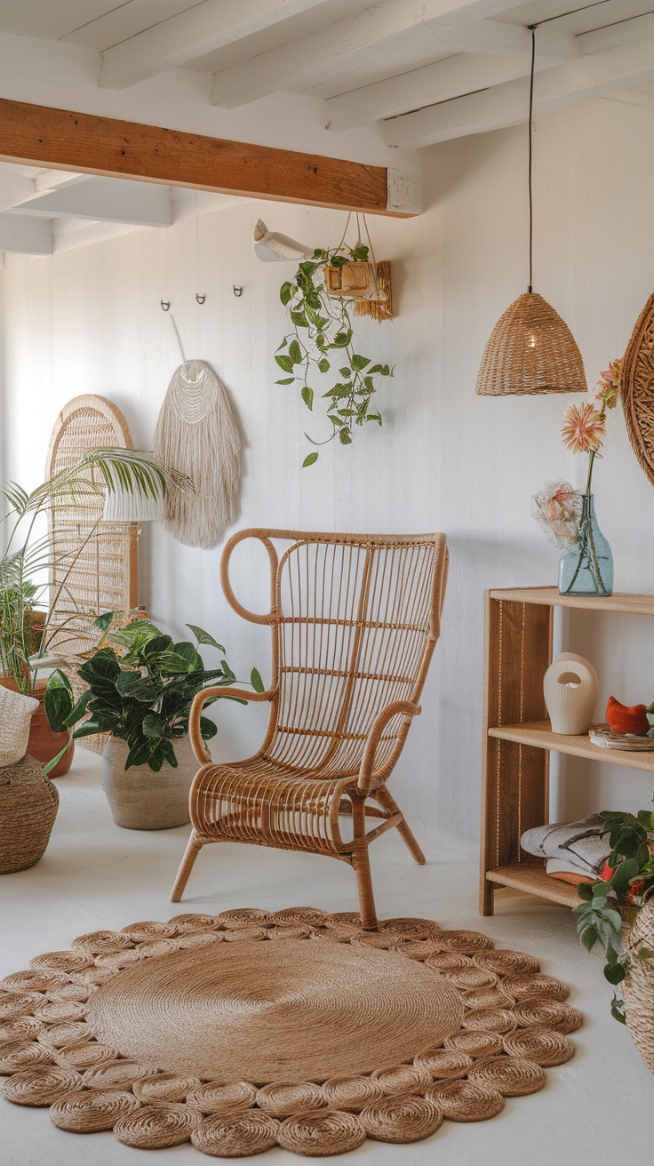 A cozy boho beach house interior with rattan furniture, woven decor, and indoor plants.