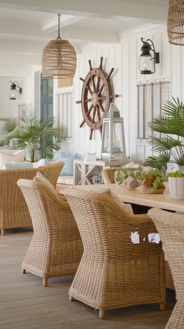 Coastal dining room featuring natural textures with rattan chairs and wooden accents.