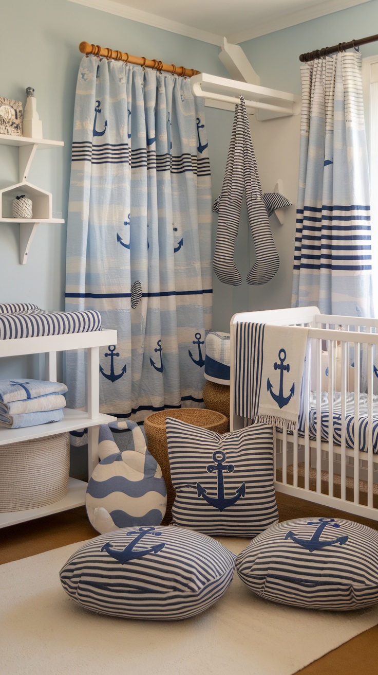 A nautical-themed nursery featuring striped curtains, anchor-patterned cushions, and a cozy seating area.