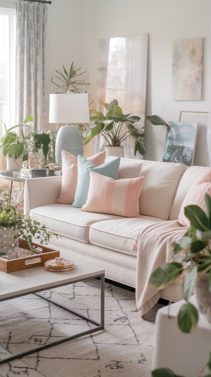 A living room with pastel-colored pillows on a white sofa, surrounded by plants and light decor.