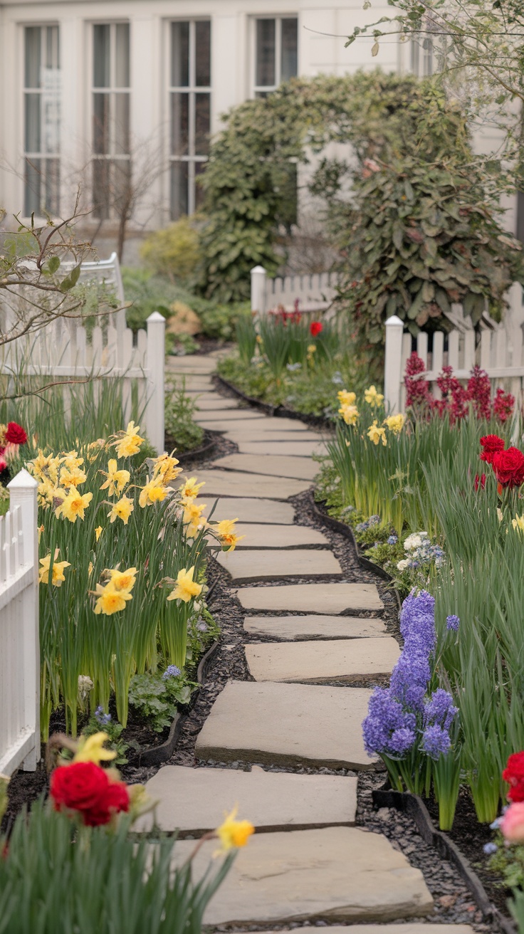 A beautiful garden pathway lined with colorful flowers and greenery.