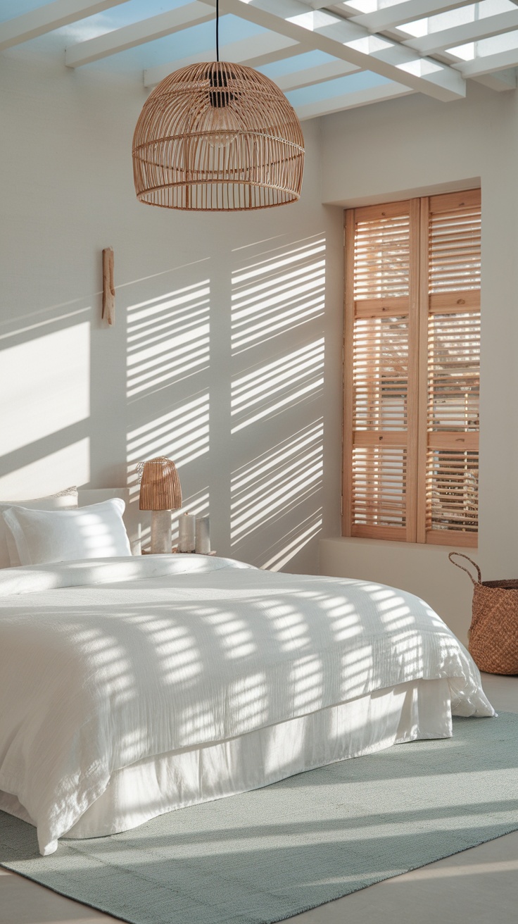 A beautifully lit bedroom featuring rattan lighting fixtures.