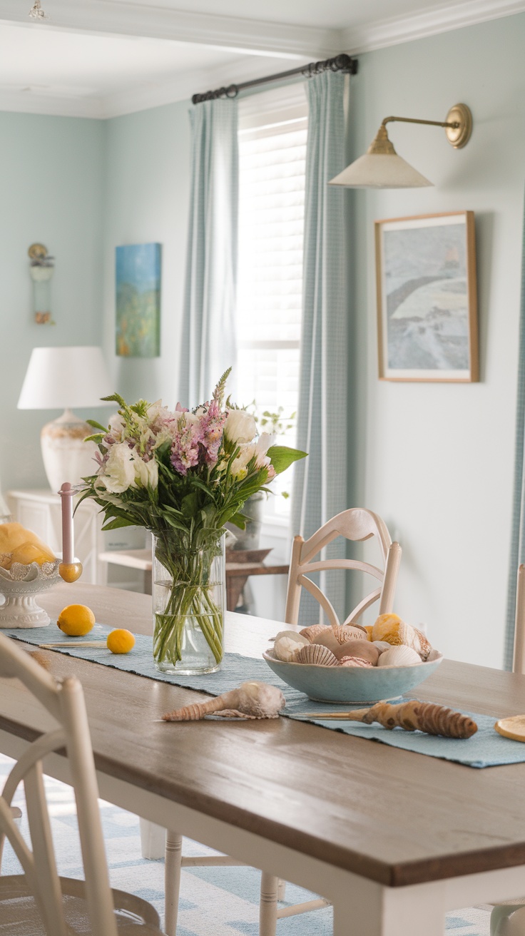 A cozy coastal dining room with a vase of flowers, seashells, and fruits on the table.