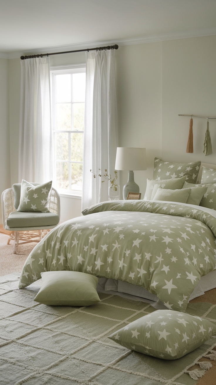 A serene sage green bedroom featuring contrasting textures with cushions, a blanket, and a woven rug.