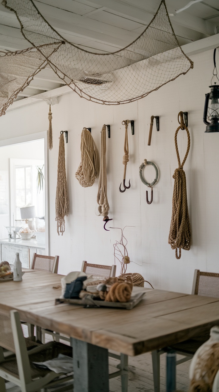 A coastal dining room featuring vintage fishing nets, ropes, and a wooden table.