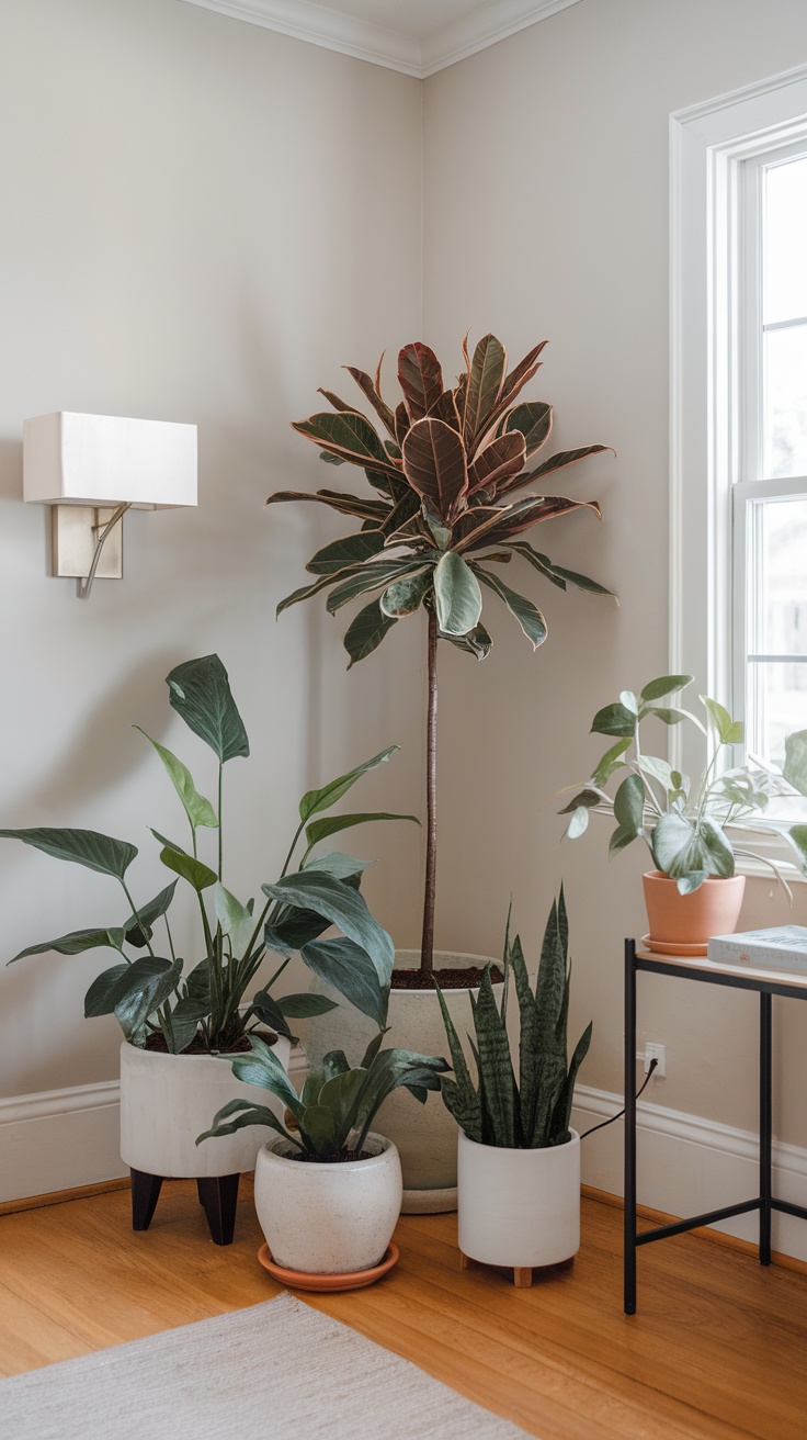 A cozy entryway featuring a variety of indoor plants in different pots, creating a refreshing atmosphere.