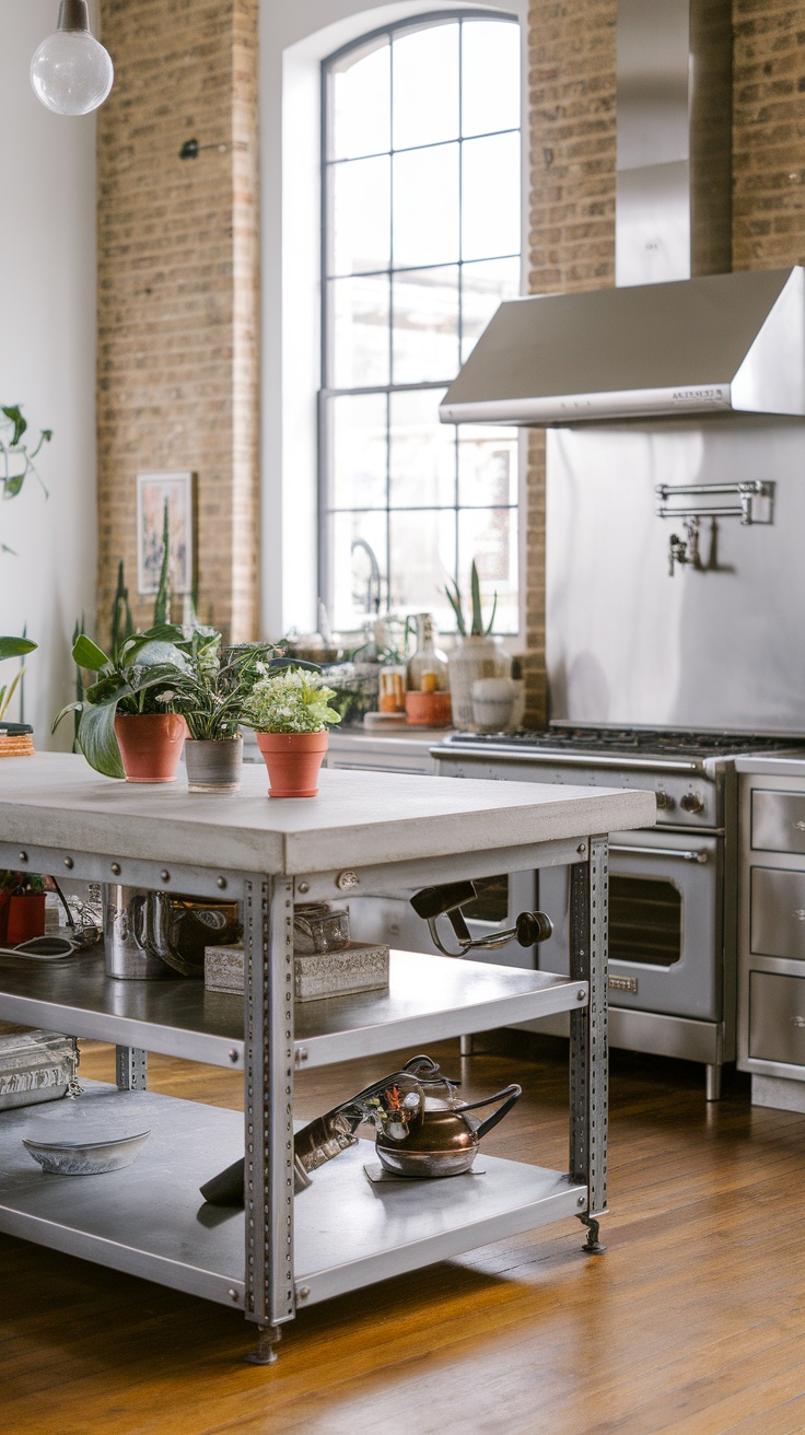 Industrial style kitchen island with concrete top and metal accents, featuring potted plants and shelves with kitchen tools.