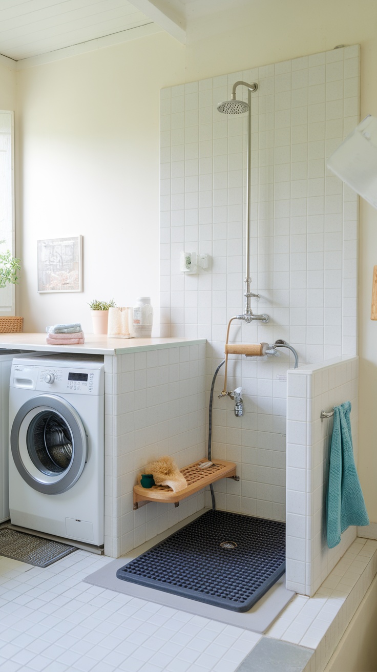 Farmhouse laundry room with an integrated pet washing station next to a washer.