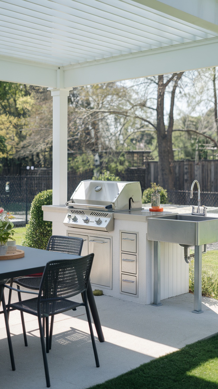 A modern outdoor grilling area featuring a sink, grill, and dining table under a pergola.