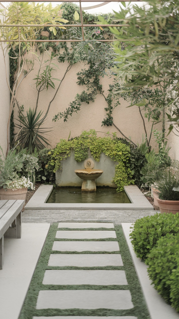 Small garden with a fountain surrounded by lush greenery and path.