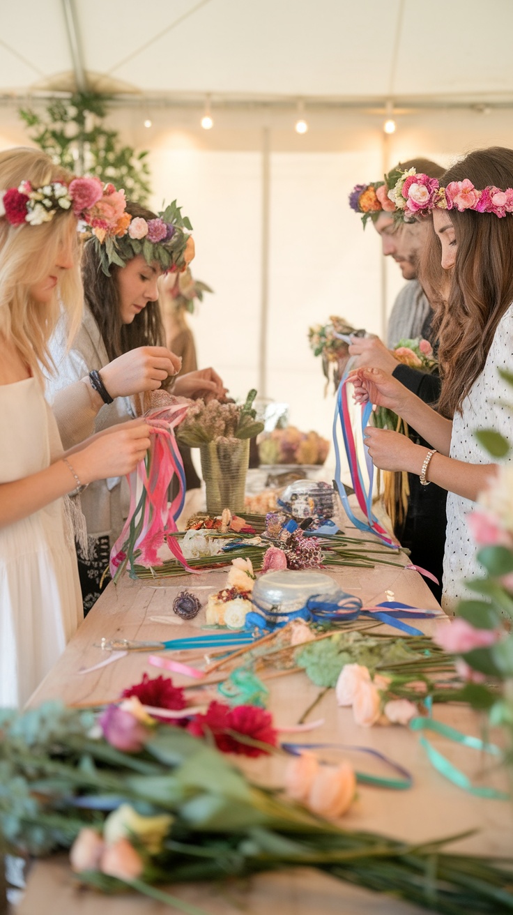 Guests making flower crowns at an interactive flower crown station