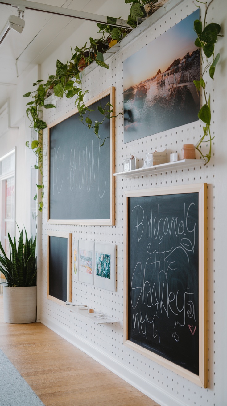 A gallery wall featuring chalkboards, framed art, and greenery.