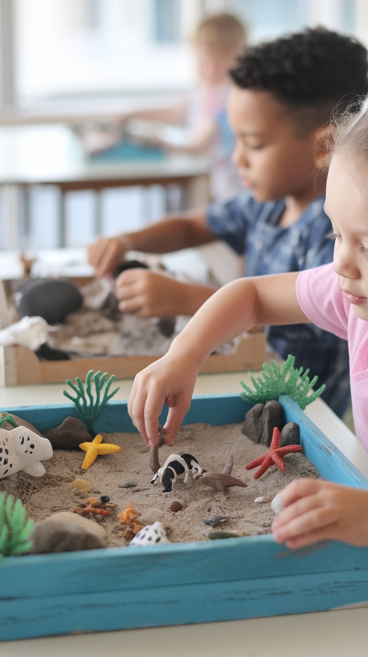 Children creating tide pool dioramas with sand and toy sea creatures.