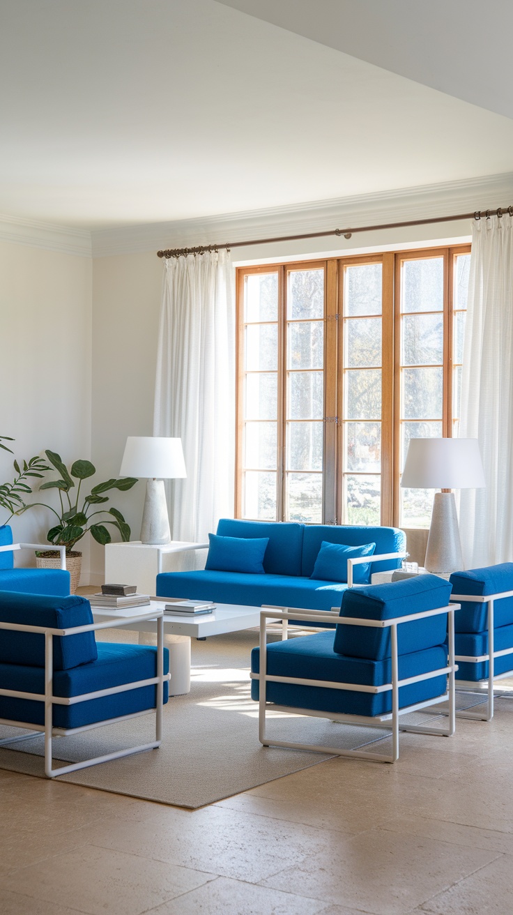 A bright blue seating arrangement in a living room with large windows and natural light.