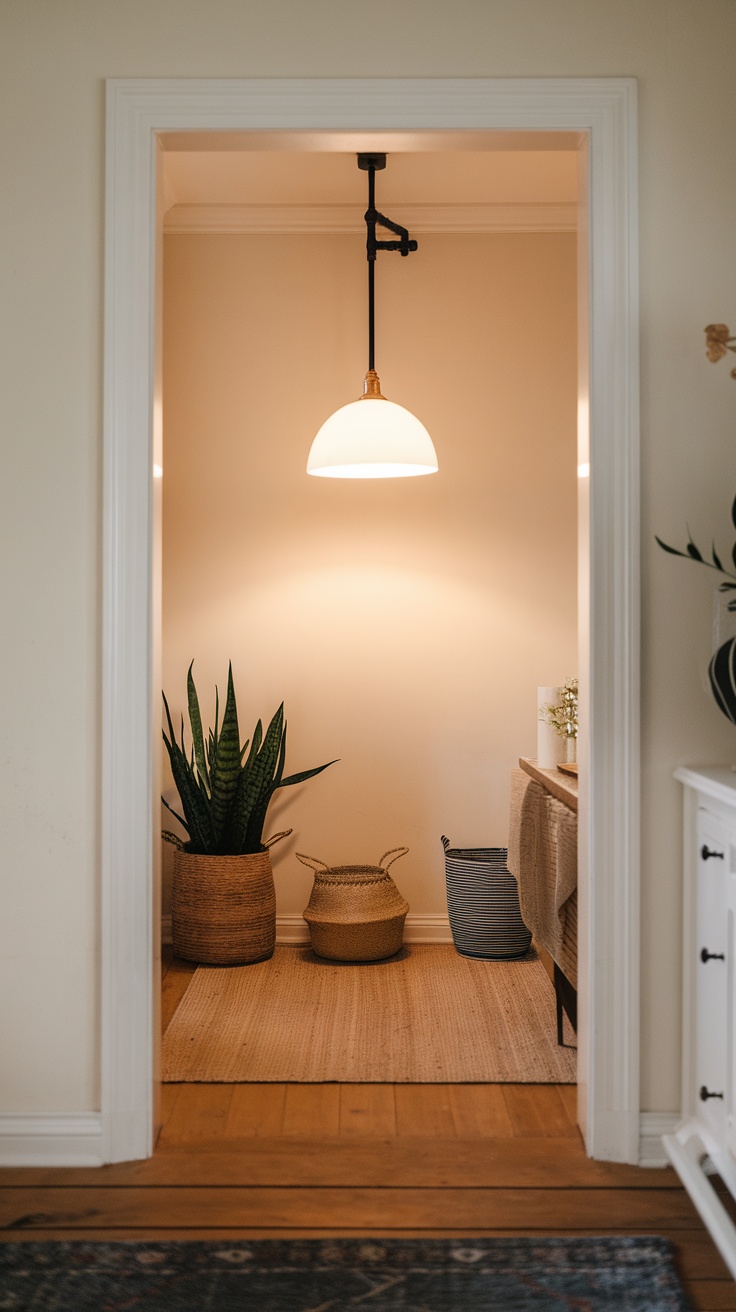 A cozy entryway with a hanging light fixture and decorative plants.