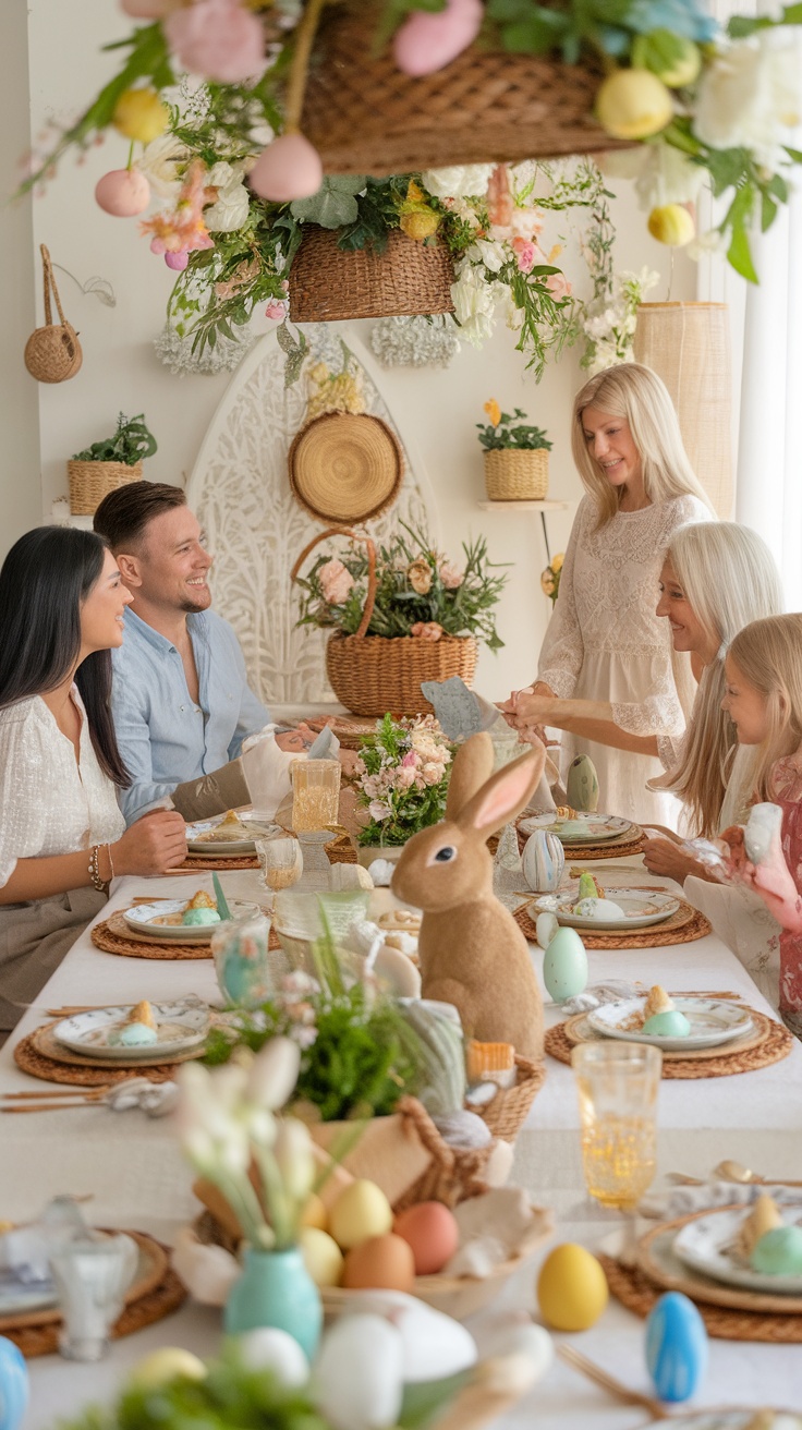 A joyful Easter family gathering at a decorated table with flowers, colorful eggs, and a cute bunny centerpiece.