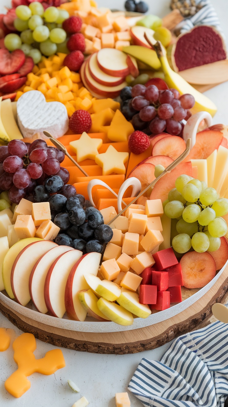 A colorful and playful kid-friendly charcuterie board featuring fruits, cheeses, and fun shapes.