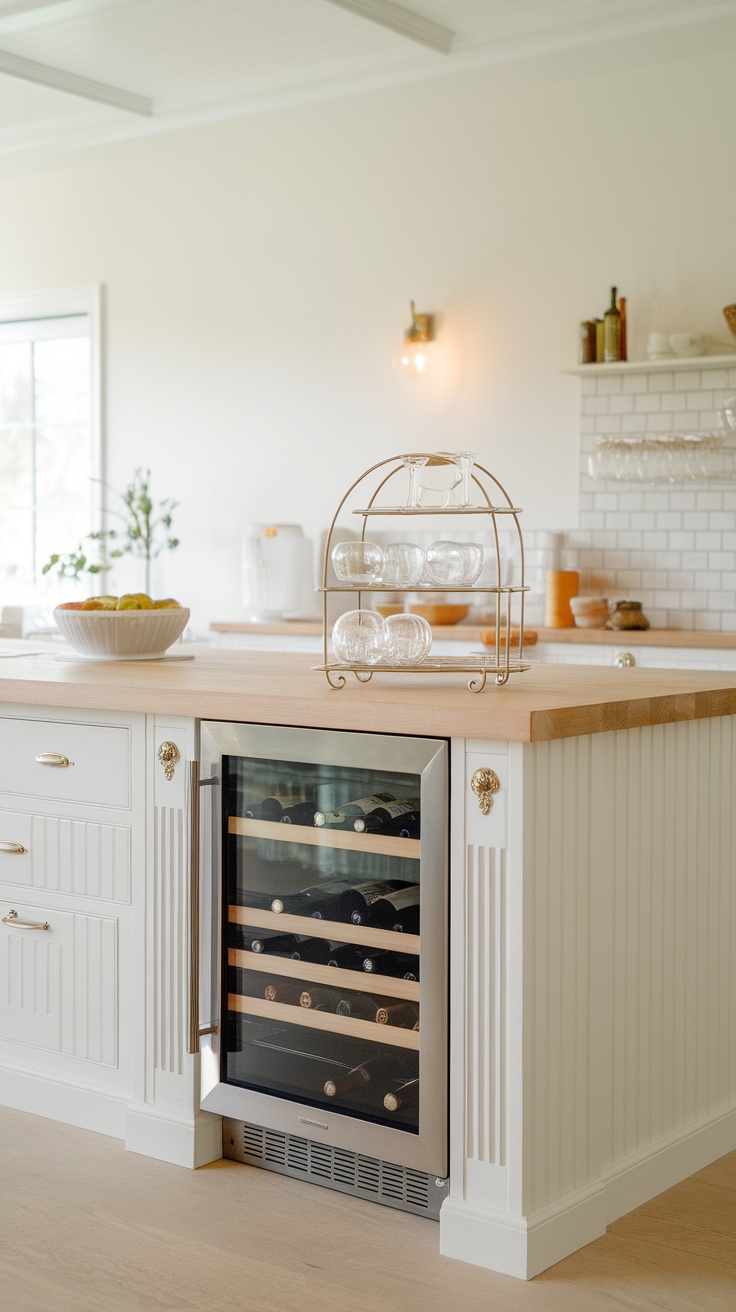 A kitchen island featuring a built-in wine cooler, wooden countertop, and glassware display