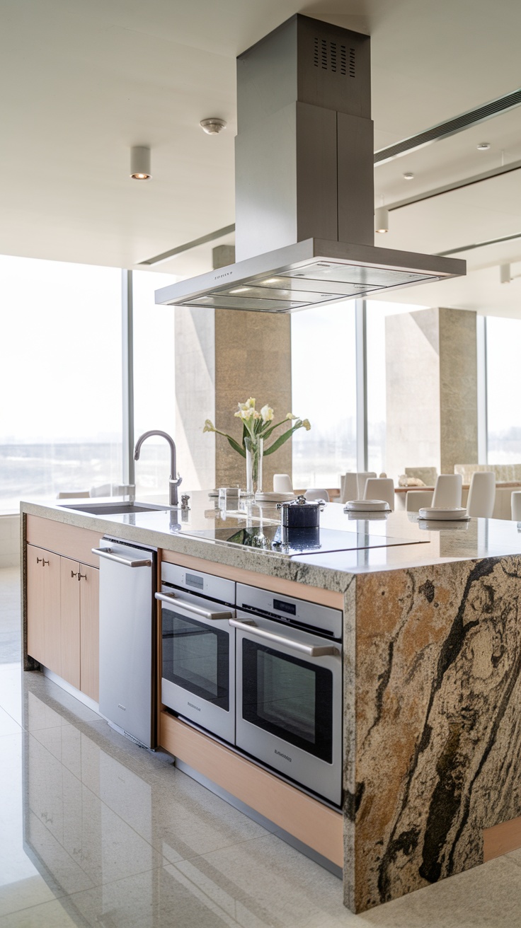 A modern kitchen island featuring integrated appliances, with a sleek design and a polished stone countertop.