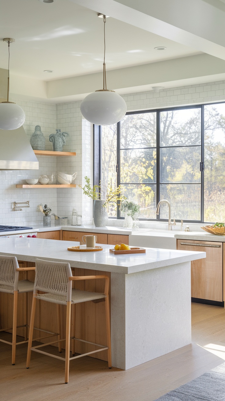 A beautifully designed kitchen featuring an L-shaped island with seating and a cozy atmosphere.