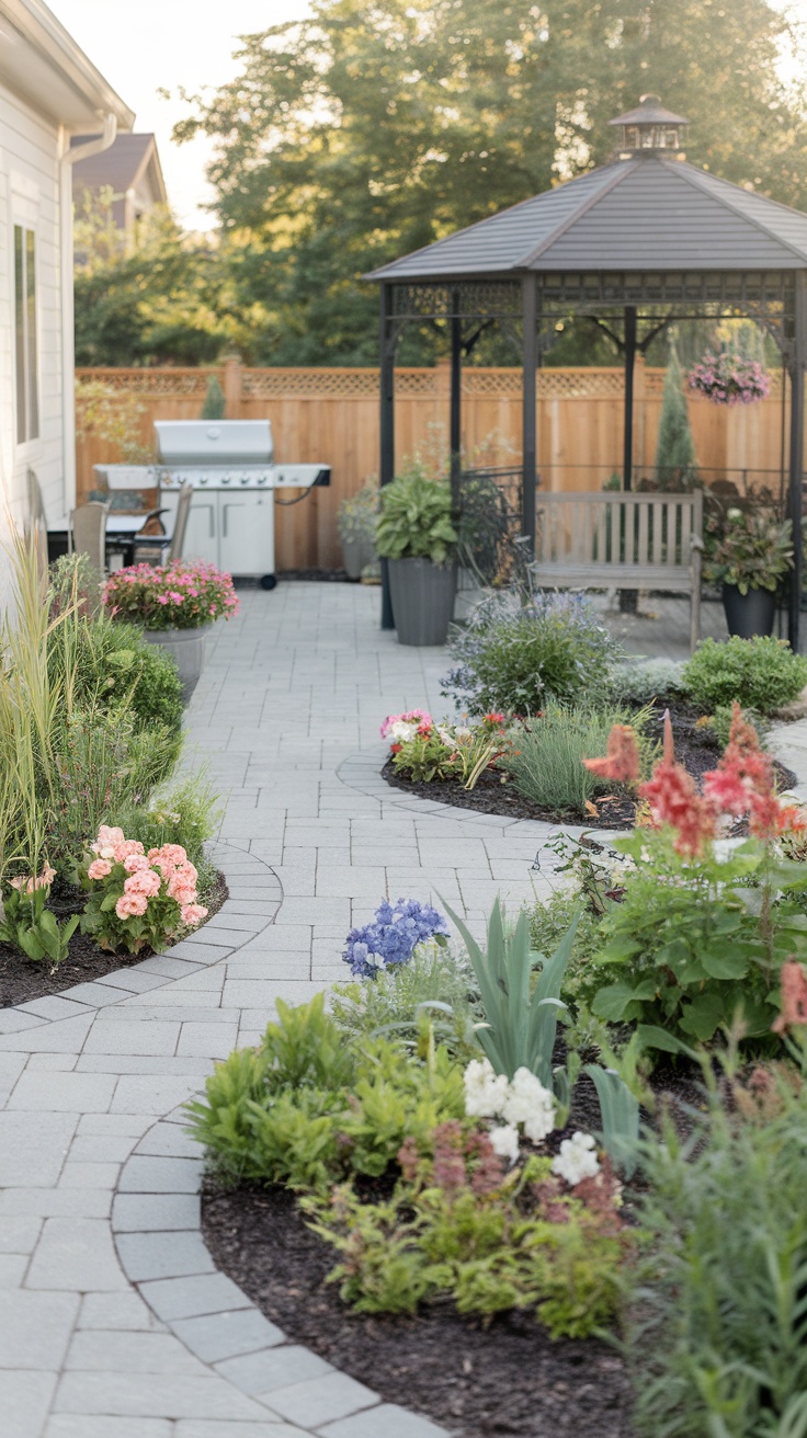 A landscaped backyard grilling area with a path, flowers, and a gazebo.