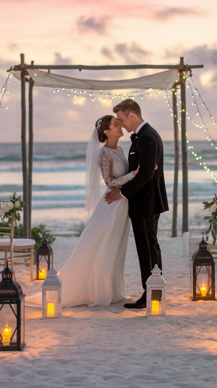 A couple sharing a moment at a beach wedding, surrounded by lanterns and fairy lights.