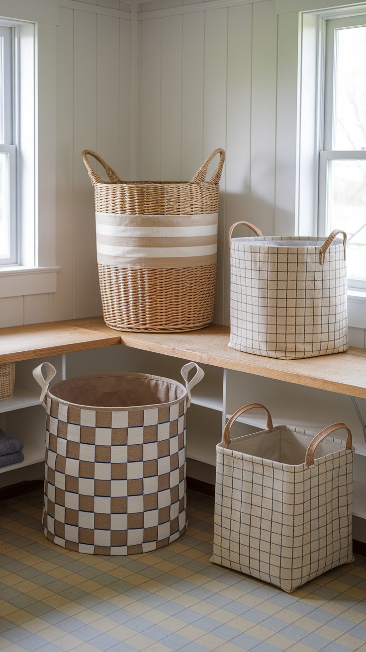 Various stylish laundry baskets in a farmhouse laundry room setting.