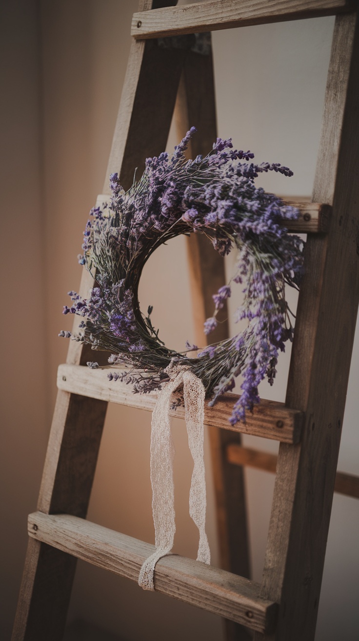 A lavender wreath with lace ribbon hanging on a wooden ladder.