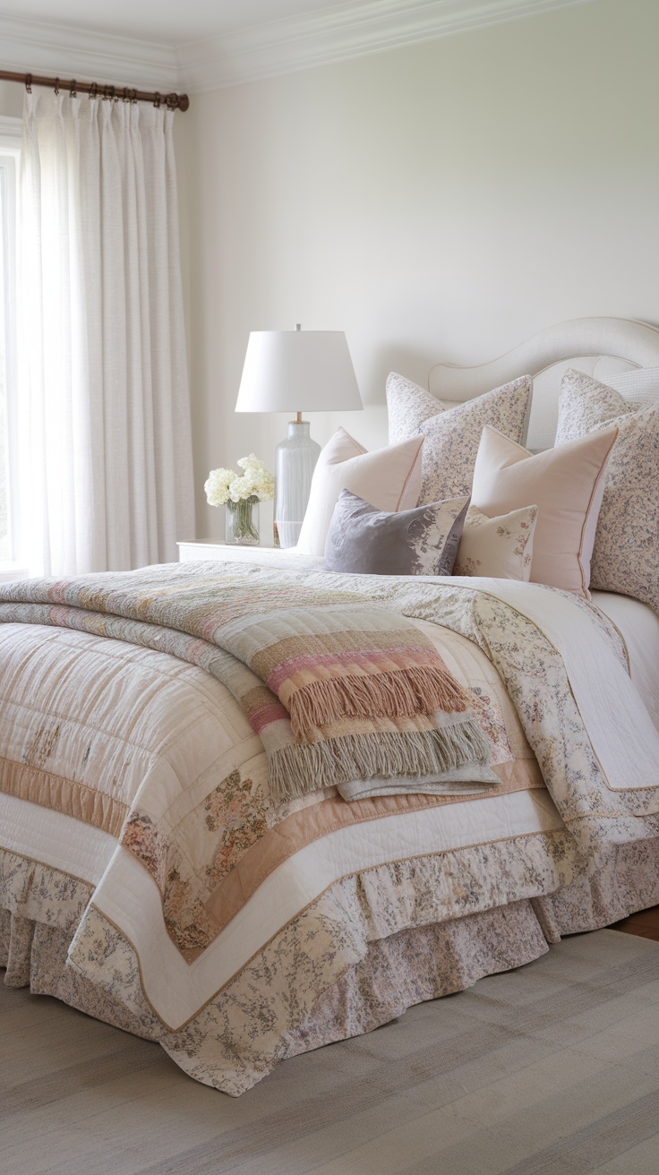 A cozy coastal cowgirl bedroom featuring layered bedding with a soft quilt and decorative pillows.