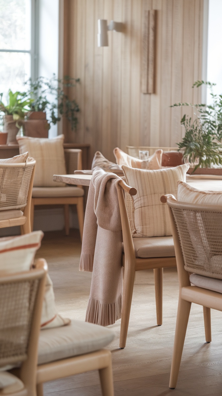 A cozy dining area featuring layered textiles like cushions and a soft throw.