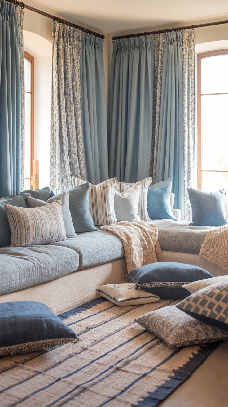 A cozy living room featuring a blue and white color scheme with layered textiles.