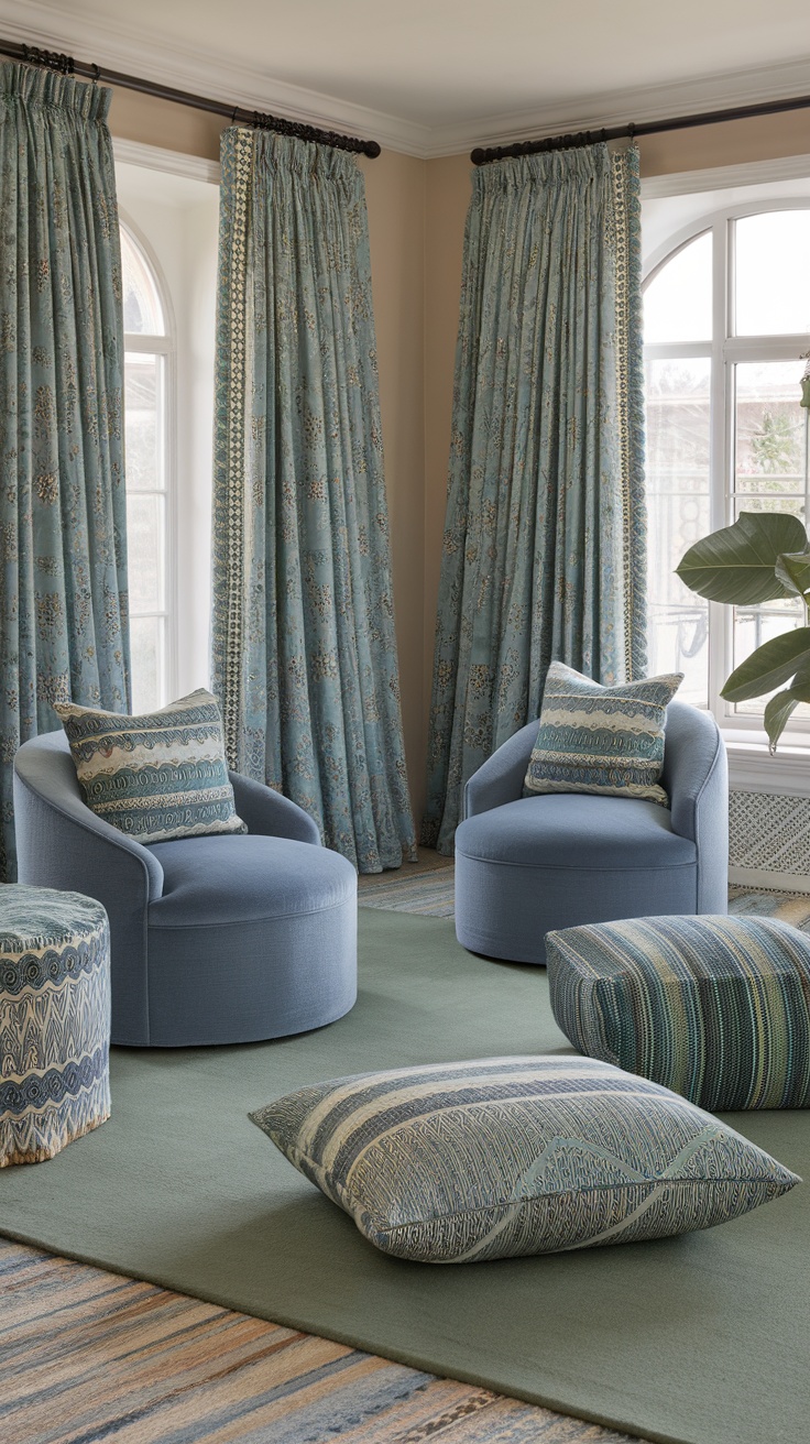 A cozy living room with blue and green elements, featuring patterned cushions and curtains.