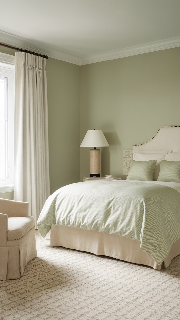 A serene bedroom featuring sage green walls, neutral bedding, and soft furnishings.