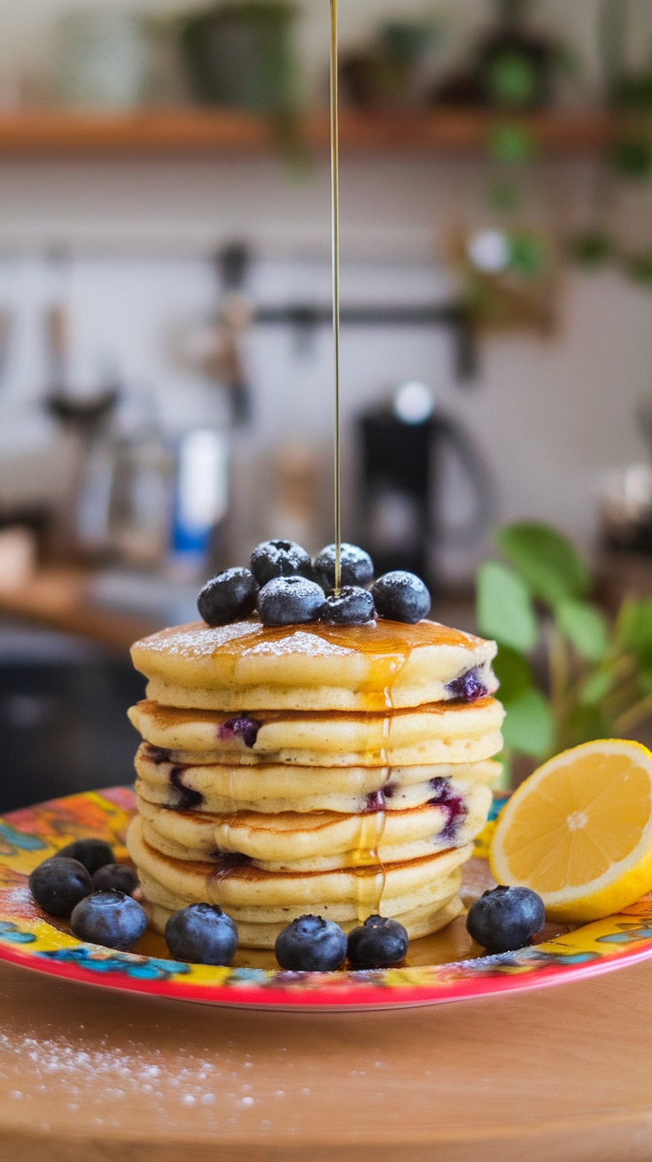 Stack of lemon blueberry pancakes with syrup and fresh blueberries