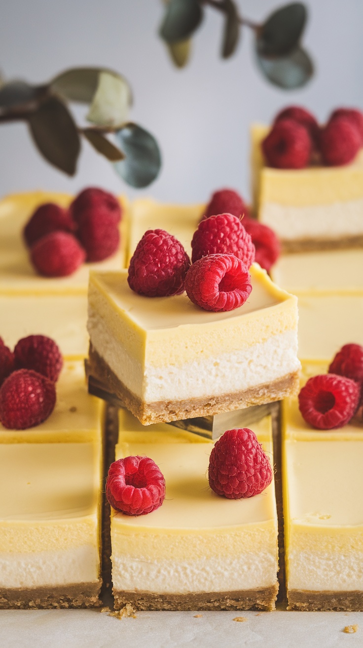 Lemon cheesecake bars topped with fresh raspberries on a light background.