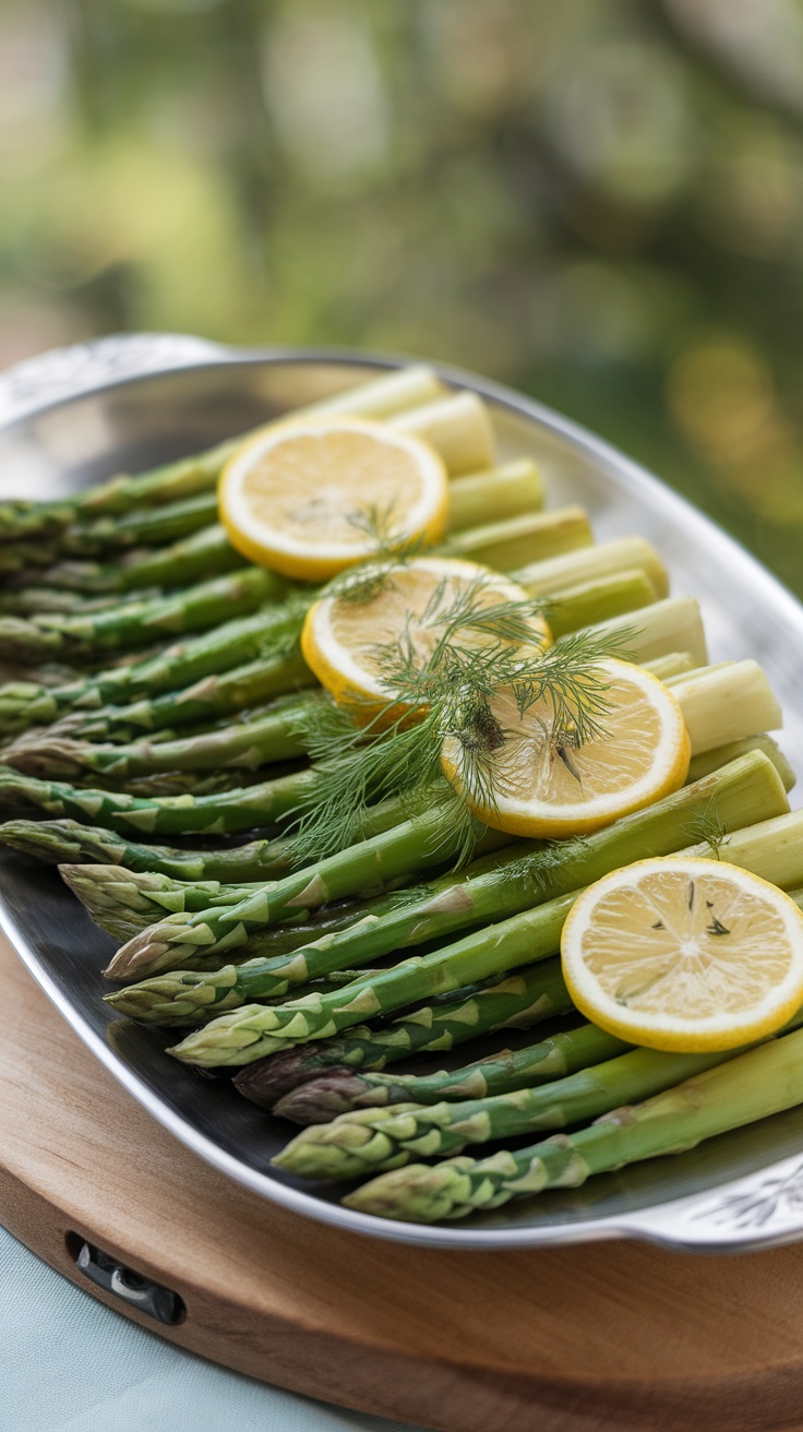 A platter of lemon dill asparagus with fresh lemon slices.