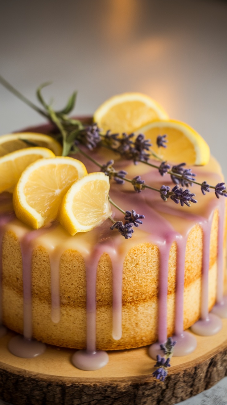 A beautifully decorated Lemon Lavender Drizzle Cake topped with lemon slices and lavender flowers.
